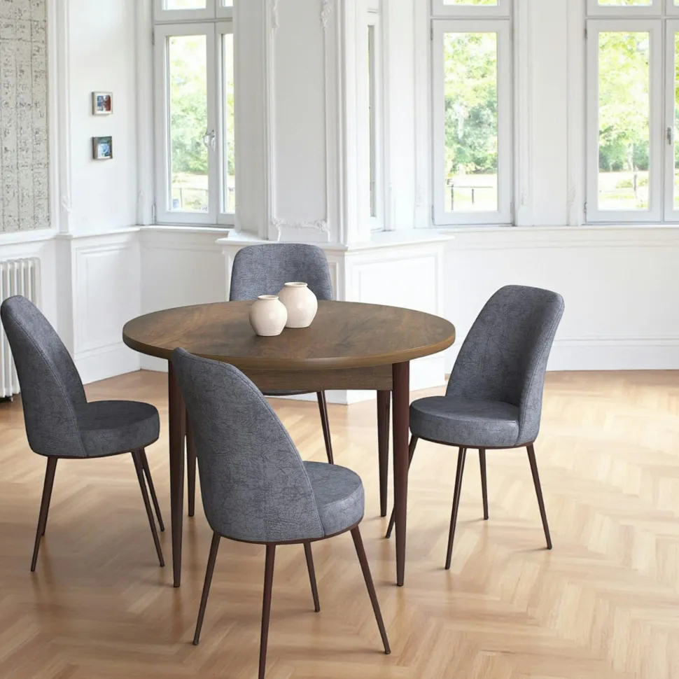 Ensemble table ronde Ø90 cm + 4 chaises grises à motifs AROLA