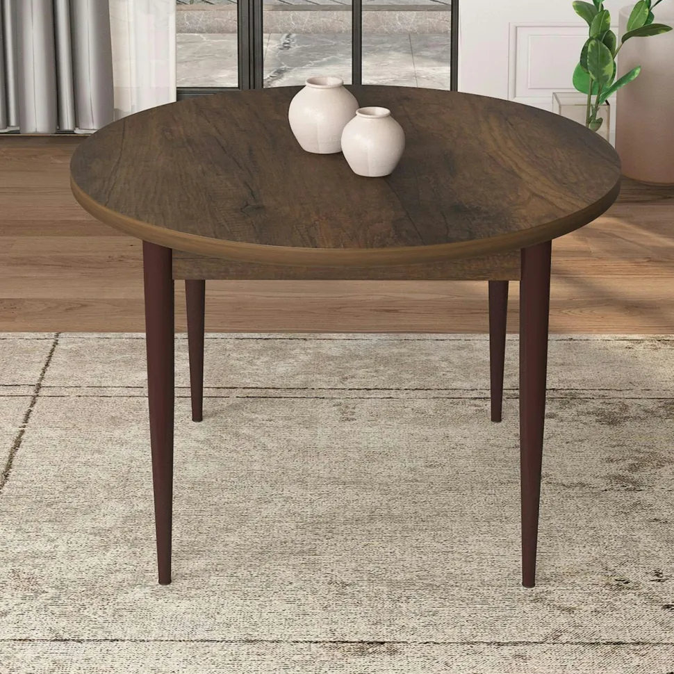 Ensemble table ronde Ø90 cm + 4 chaises grises à motifs AROLA