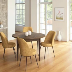 Ensemble table ronde Ø90 cm + 4 chaises moutarde à motifs AROLA