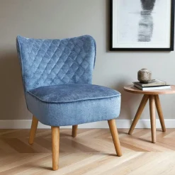 Fauteuil blanc tissu chenille - pieds bois, motif croisé IENA