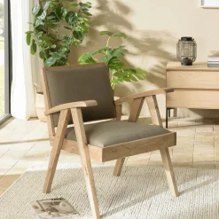 Fauteuil bois exotique clair tissu kaki DIKA