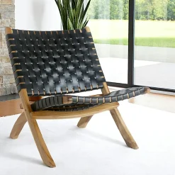 Fauteuil en cuir noir et bois de teck MENDOZA