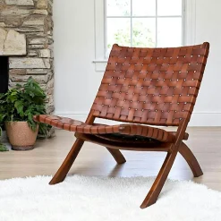 Fauteuil en cuir noir et bois de teck MENDOZA