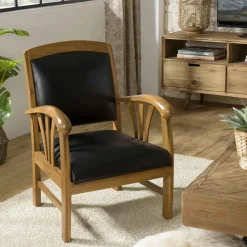 Fauteuil exotique bois et cuir noir DIKA