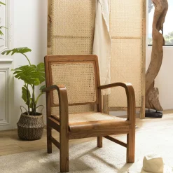 Fauteuil éthnique bois foncé et rotin DIKA