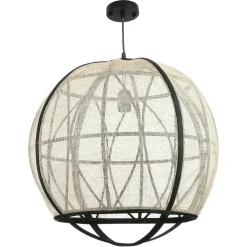 Lampe boule noire rotin et tissu