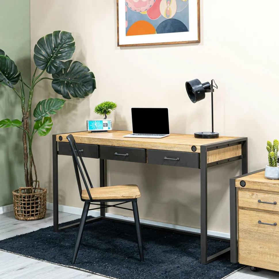 Meuble bas / Caisson de Bureau à roulettes Inspiration Indus' en Acacia et Métal, 2 tiroirs 51x60x60cm BROOKLYN