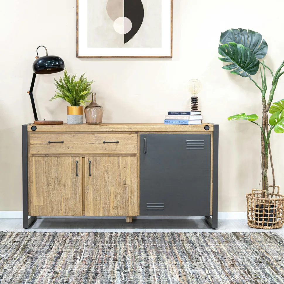 Meuble bas / Caisson de Bureau à roulettes Inspiration Indus' en Acacia et Métal, 2 tiroirs 51x60x60cm BROOKLYN