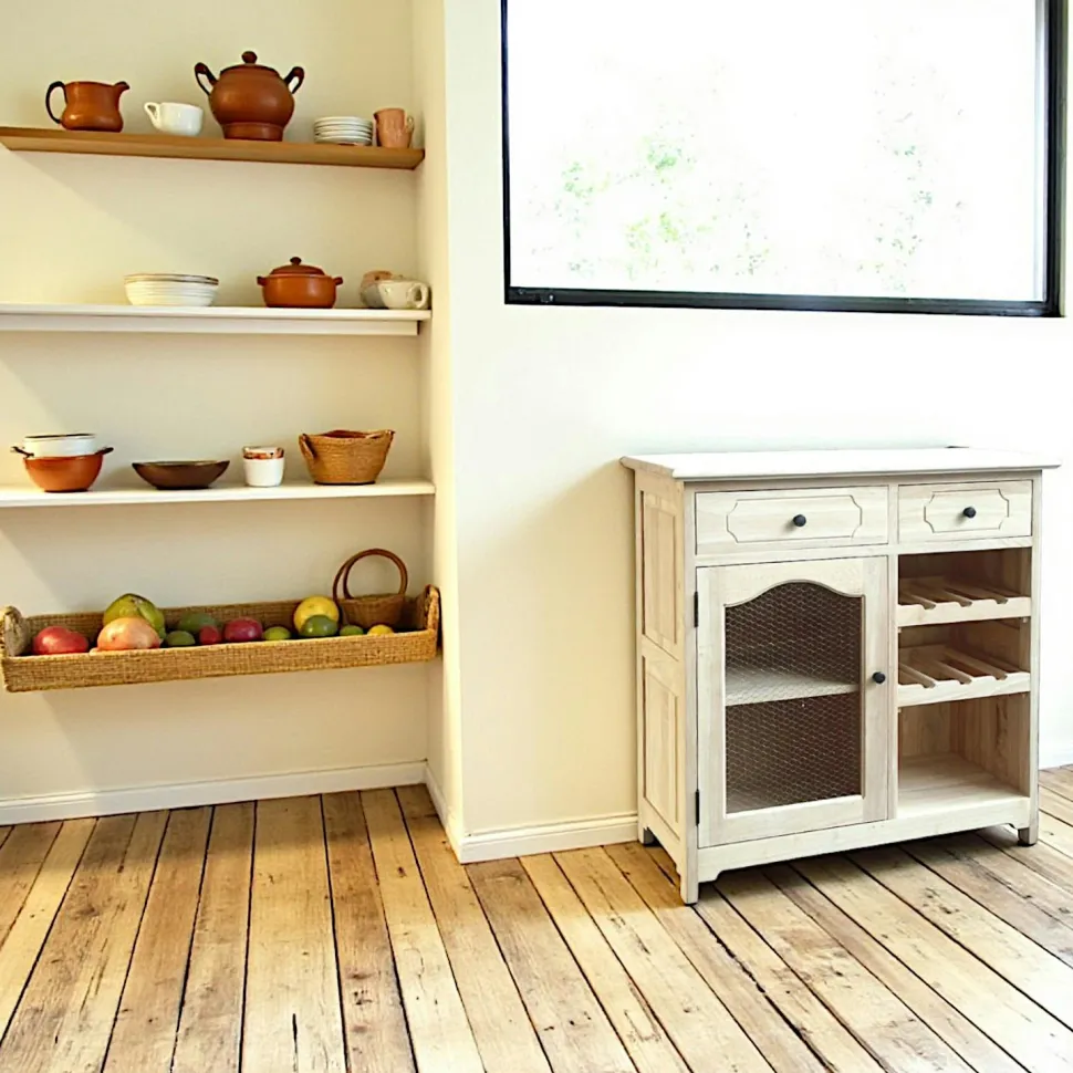 Meuble de cuisine Hévéa 2 tiroirs, 1 porte grillagée, 1 niche, 2 racks à bouteilles 84x43x84cm TRADITION