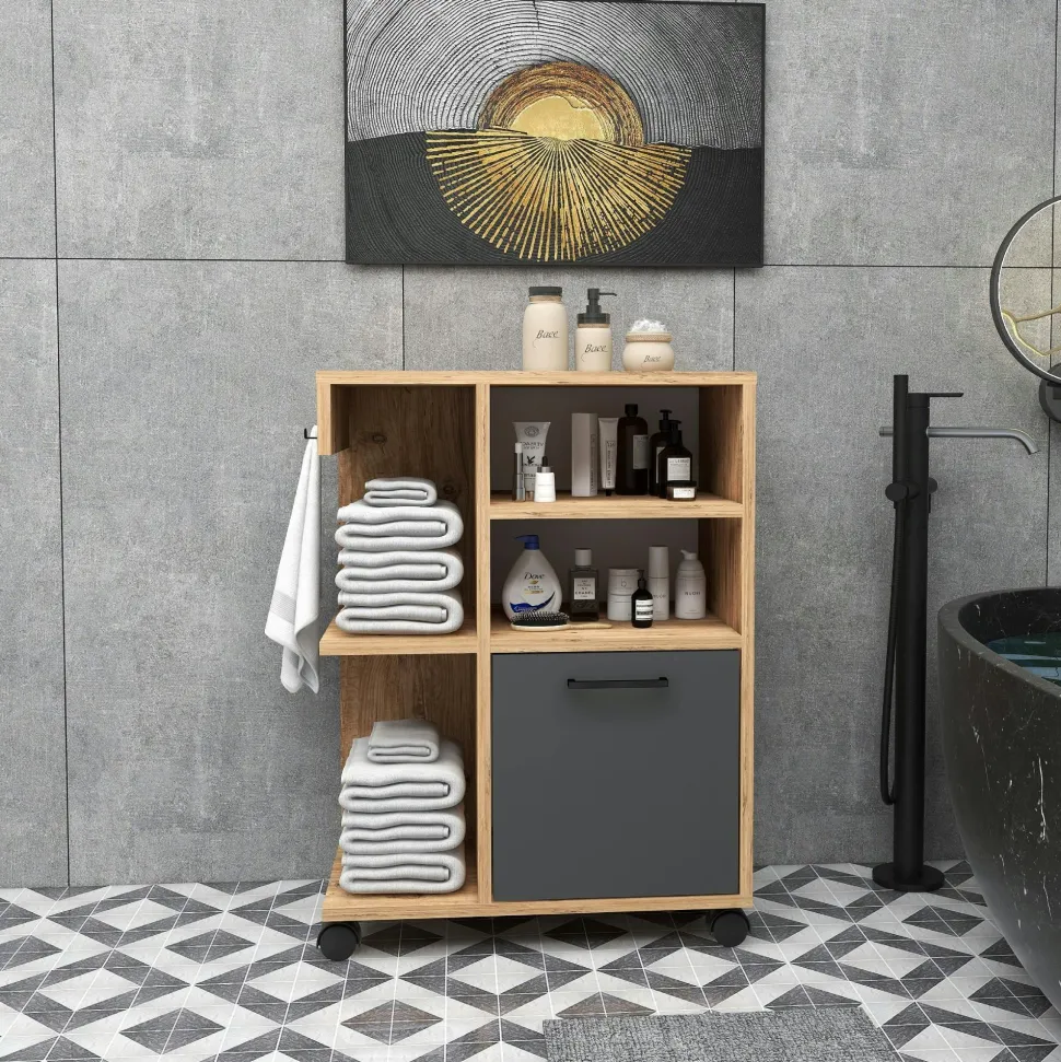 Meuble de rangement sur roulettes effet bois de pin MARFA