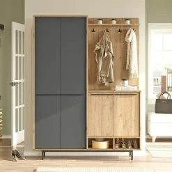 Meuble d'entrée avec rangement - anthracite et effet chêne JENA