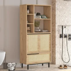 Meuble salle de bains haut avec cannage & effet bois JENA