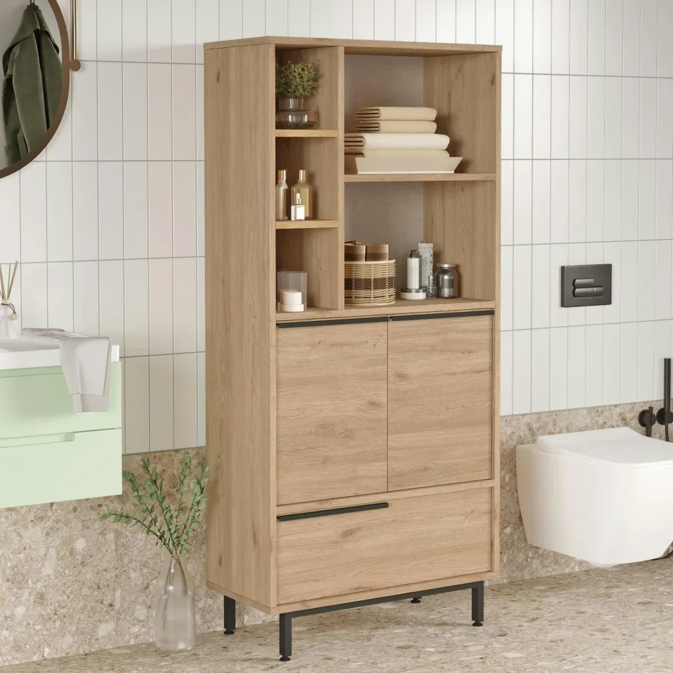 Meuble salle de bains haut avec cannage & effet bois JENA