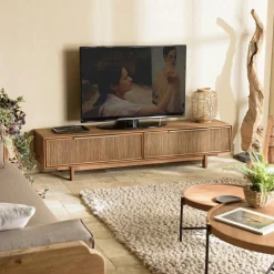 Meuble TV 180 cm en teck recycle 2 tiroirs fibre de coco SWING
