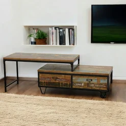 Meuble TV à roulettes en 2 parties, 2 tiroirs, 1 grand plateau en Hévéa recyclé coloré et métal 100x45x50cm LOFT COLORS