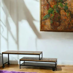 Meuble TV à roulettes en 2 parties, 2 tiroirs, 1 grand plateau en Hévéa recyclé coloré et métal 100x45x50cm LOFT COLORS