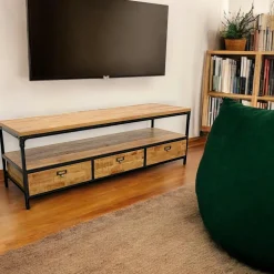 Meuble TV 2 tiroirs, 2 niches ouvertes en Hévéa recyclé naturel et métal 100x45x50cm LOFT