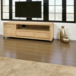 Meuble TV Hévéa à roulettes, 1 porte, 2 tiroirs, 1 grande niche 140x45x47,5 OLGA