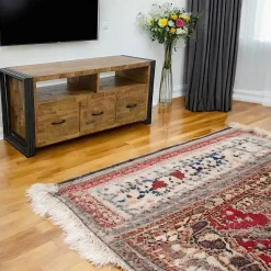 Meuble TV hévéa recyclé naturel et métal noirci 3 tiroirs 2 niches 120X40X55cm DOCKER