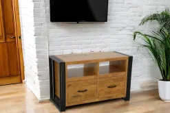Meuble TV hévéa recyclé naturel et métal noirci 3 tiroirs 2 niches 120X40X55cm DOCKER