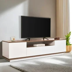 Meuble TV moderne 3 portes blanc et effet noyer MARFA