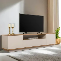 Meuble TV moderne 3 portes beige crème et effet pin MARFA