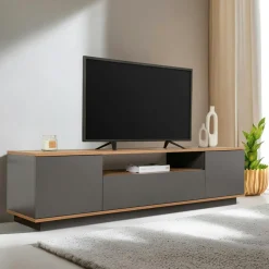 Meuble TV moderne 3 portes gris foncé et effet pin MARFA