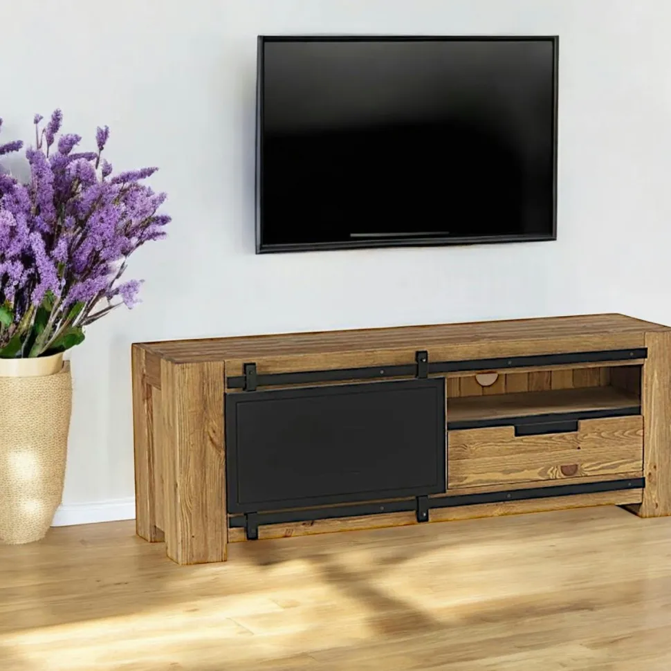 Meuble tv porte coulissante pin brossé SOHO