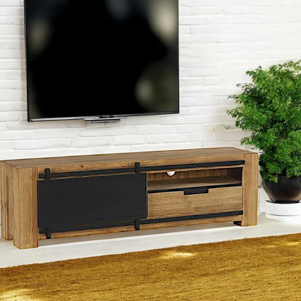 Meuble tv porte coulissante pin brossé SOHO