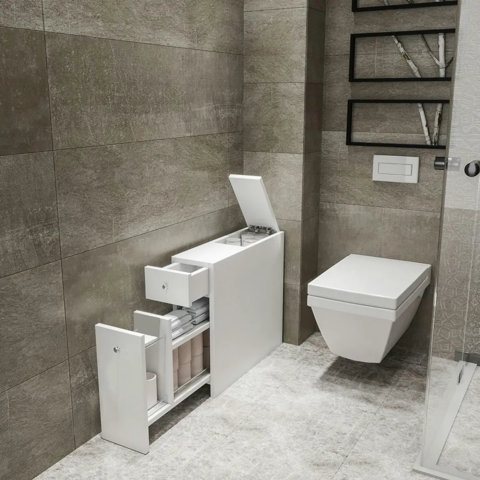 Meuble WC blanc, 2 tiroirs rangement 1 porte MARFA