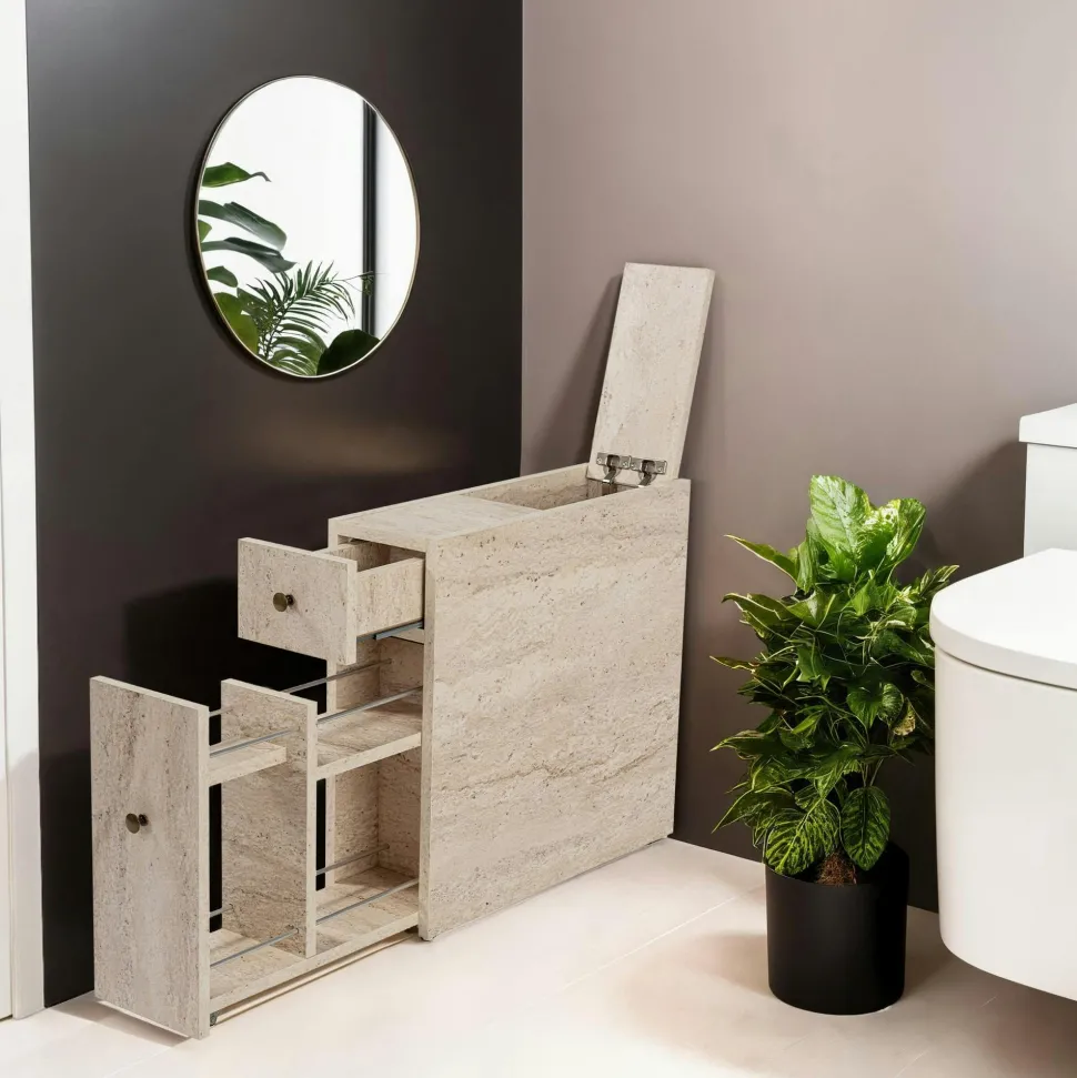 Meuble WC effet travertin, 2 tiroirs 1 porte MARFA
