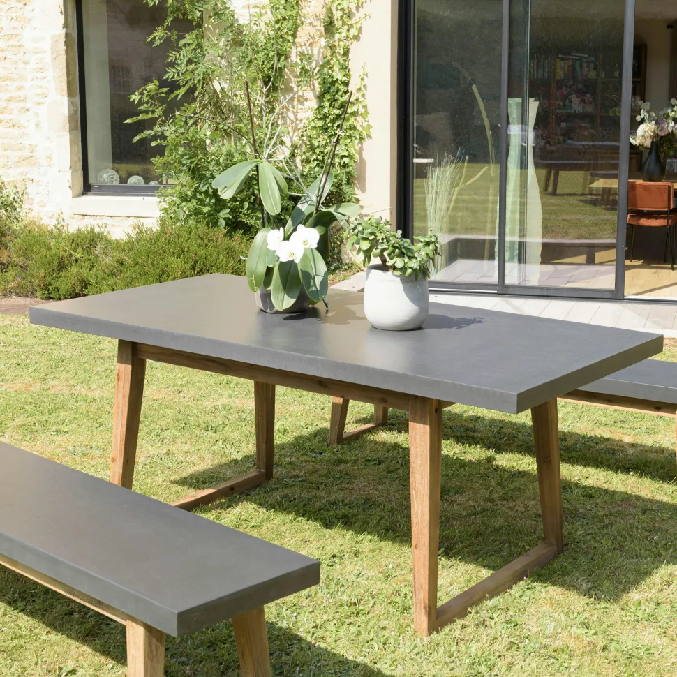 Salon de jardin 1 table 180x90 cm et 2 bancs plateau effet béton HERCULE