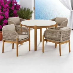 Salon de jardin en bois d'acacia et corde tressée (1 table de jardin ø120 cm et 4 sièges) MENDOZA