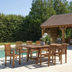 Salon de jardin teck huilé table pieds tréteaux 180/240 + 6 fauteuils MACAO