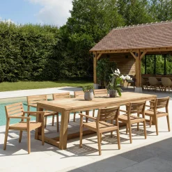 Salon de jardin teck naturel 1 table carrée 110 cm + 4 chaises arrondies résine tressée MANY