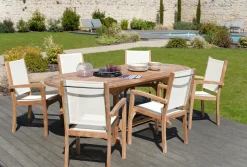 Salon de jardin Teck textile table 180cm 6 fauteuils SUMMER