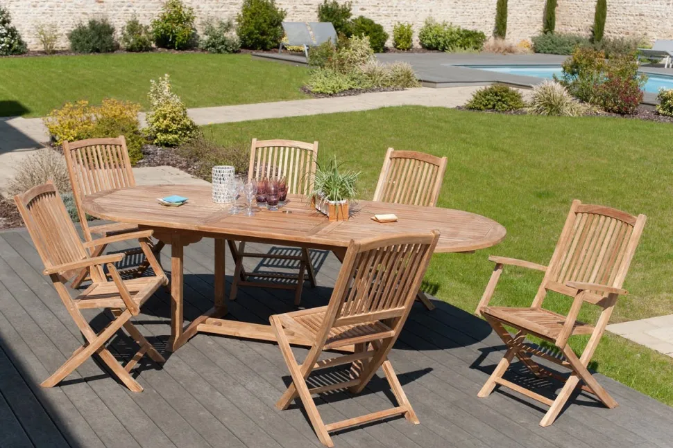 Salon jardin Teck table ovale 180 cm 4 chaises 2 fauteuils SUMMER