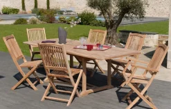 Salon jardin Teck table 180x100cm 2 faut. 4 chaises SUMMER