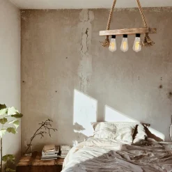 Suspension industrielle bois & corde - 3 ampoules CAMOGLI