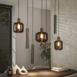 Suspension verre & métal – globes bruns + tubes bronze NOVA