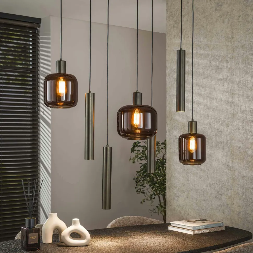 Suspension verre & métal – globes bruns + tubes bronze NOVA