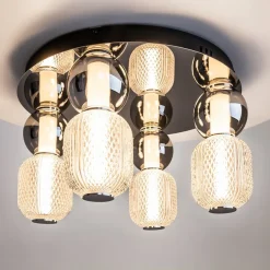 Suspension verre taillé, 5 abat-jour suspendus dorés ADA