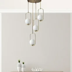 Suspension vintage cuivrée 4 globes blancs sur cadres SIERRE