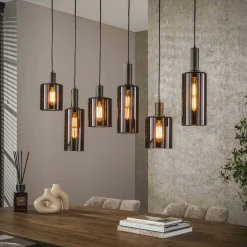 Suspension vintage en verre – 6 abat–jour bruns NOVA