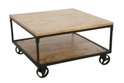 Table basse à roulettes double plateaux en Hévéa recyclé naturel et métal 90x90x47cm LOFT