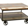 Table basse à roulettes double plateaux en Hévéa recyclé coloré et métal 90x90x47cm LOFT COLORS