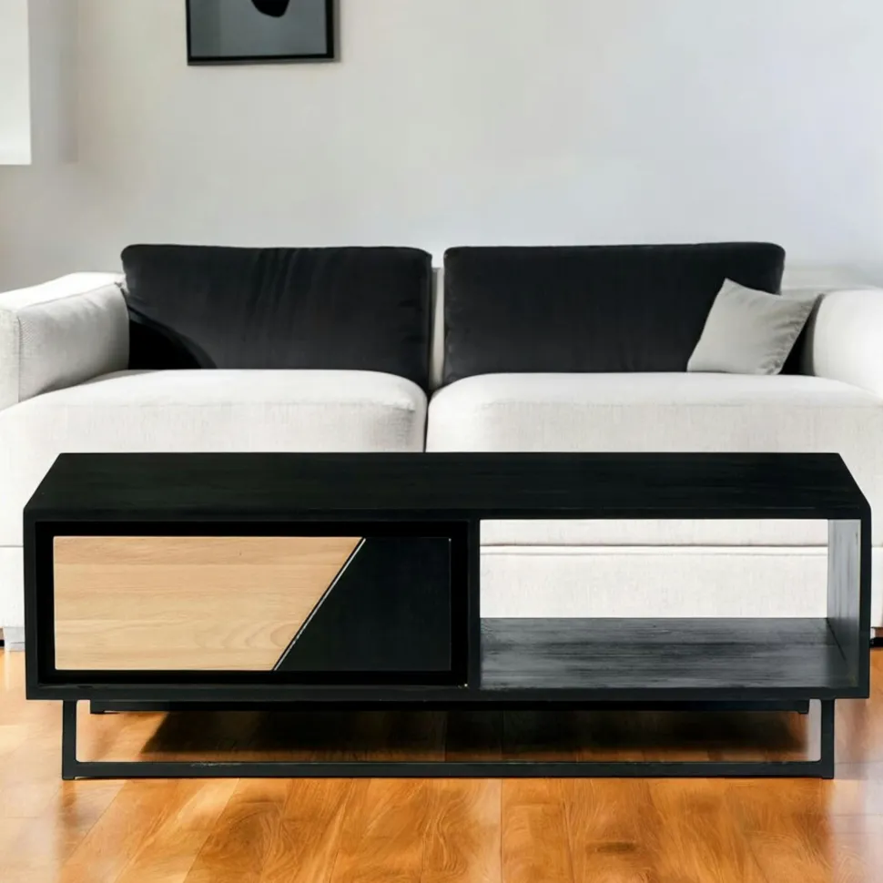 Table basse 1 tiroir 1 niche bois noir et blanc ANINA