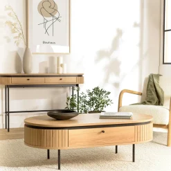 Table basse 2 tiroirs bords arrondis bois décor strié JINAN