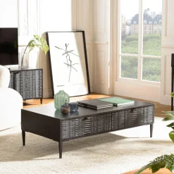 Table basse 2 tiroirs façades sculptées bois noir SURATE