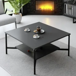 Table basse carrée anthracite, 2 plateaux pieds noirs JENA